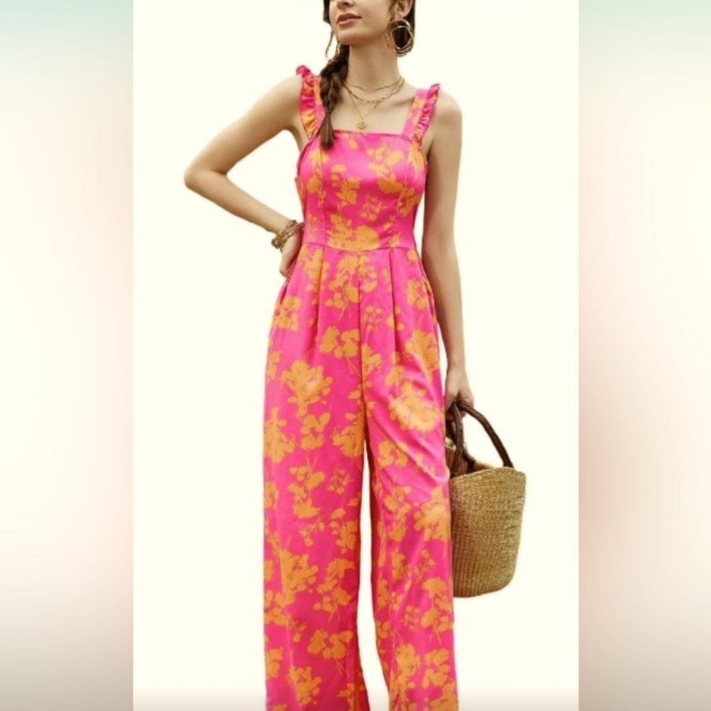 CUPSHE Pink Floral Square Neck Ruffled Wide Leg Jumpsuit Size Medium NWT